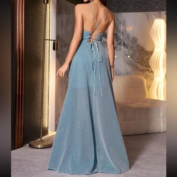Luxe slit thigh mermaid hem lace up back party formal dress